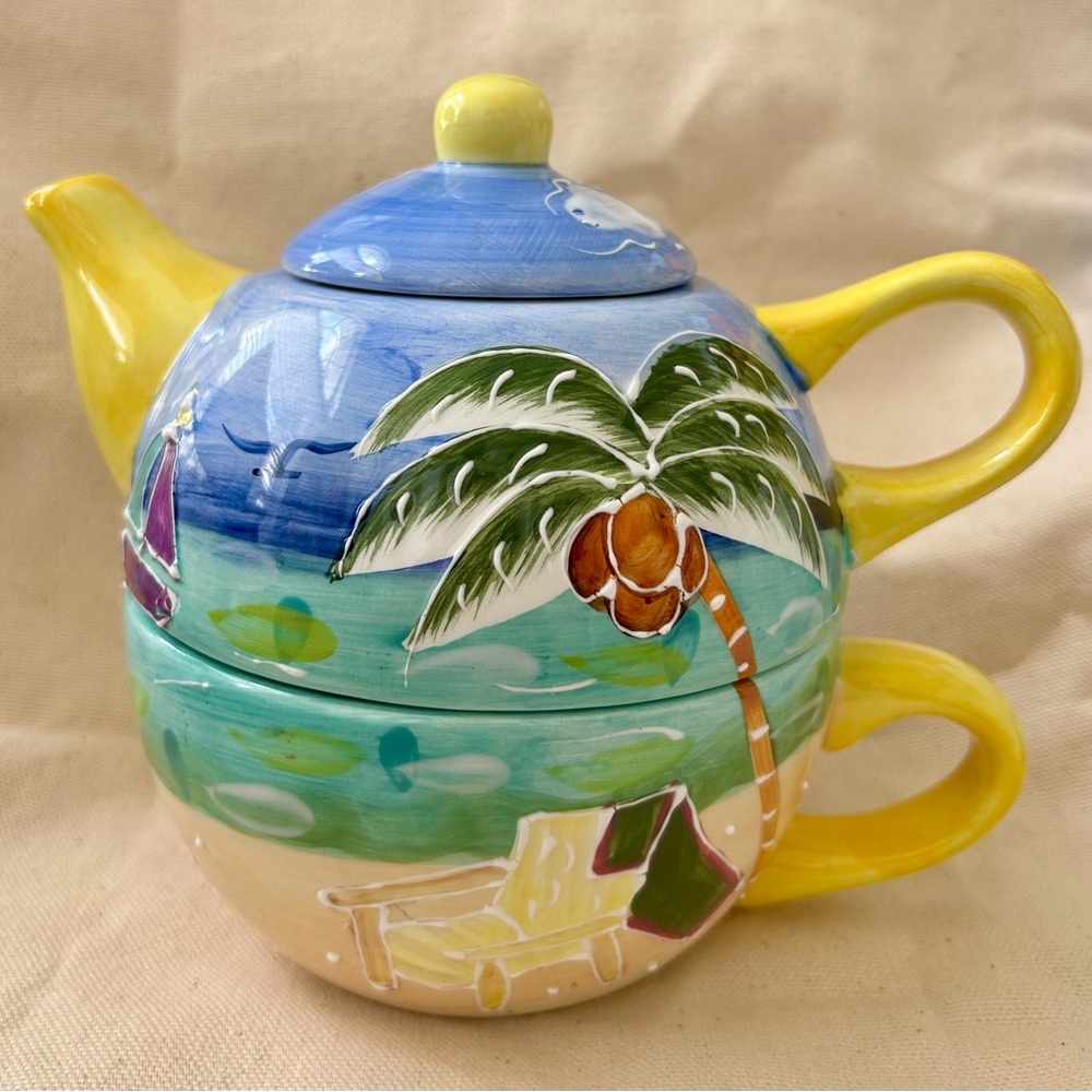 Tropical Beach Scene Hand-painted Ceramic Tea-for-One Set